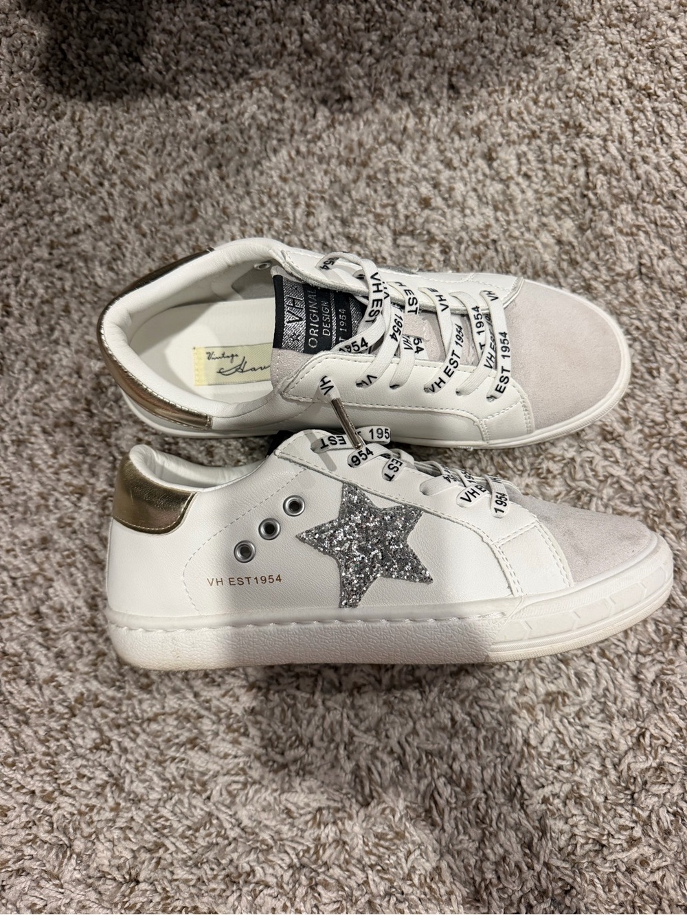 Vintage Havana White Sneakers with Silver Glitter Star & Gold Heel